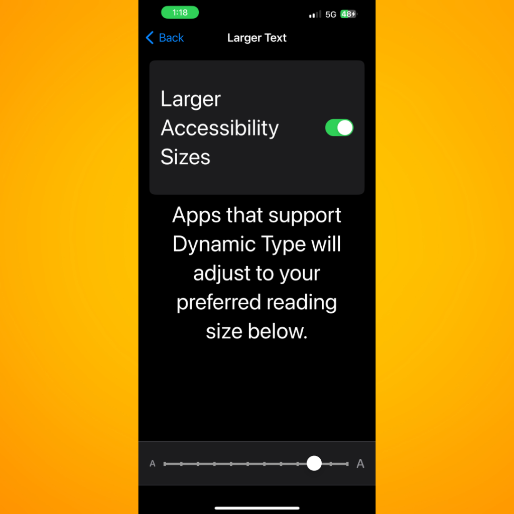 Screenshot of the Display Larger Text feature on an iPhone, showing enlarged text for better readability.