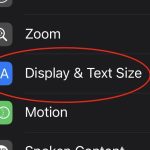 Screenshot of the Display & Text Size tab in iPhone settings with a red circle around it.