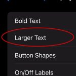 Screenshot of the Larger Text tab in iPhone settings with a red circle around it.