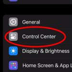 Screenshot of the Control Center tab in iPhone settings with a red circle around it.