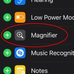 Screenshot of the Magnifier tab in Control Center settings on an iPhone, showing where to add the Magnifier to the Control Center.