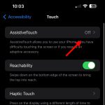 Screenshot of the AssistiveTouch settings on an iPhone with an arrow pointing to the On/Off toggle.