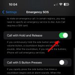 Screenshot of the Emergency SOS section on an iPhone with a red arrow pointing to the toggle button.